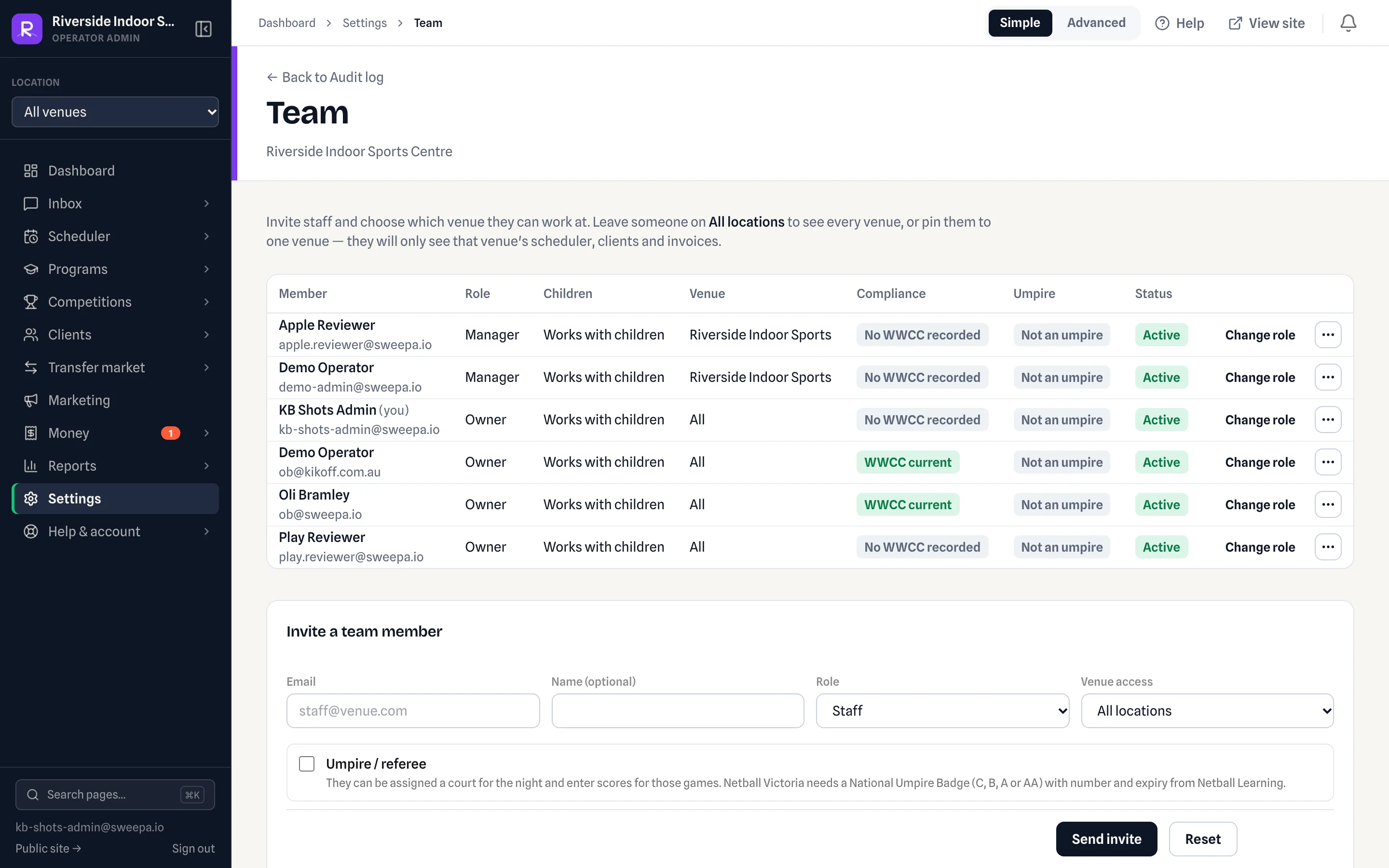 The Team settings list with roles and venues